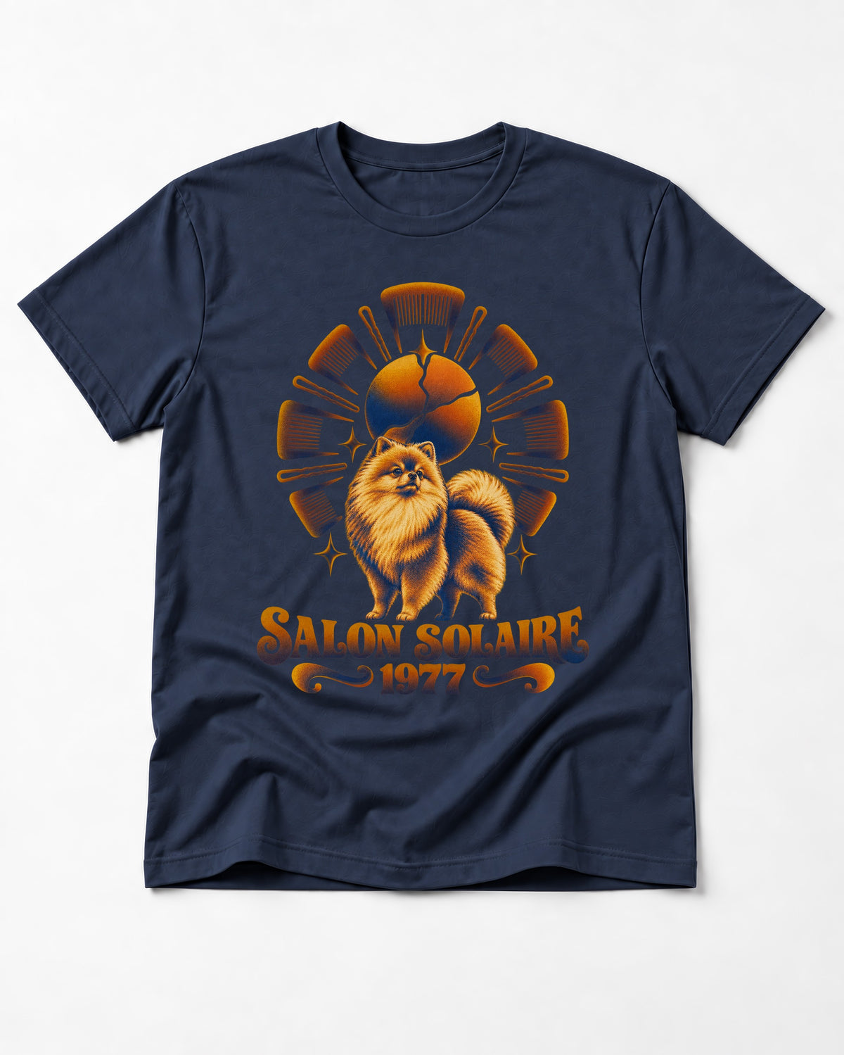 Pomeranian Salon Solaire 1977 Hairbrush Halo Graphic T-Shirt in Navy, flat lay product photo