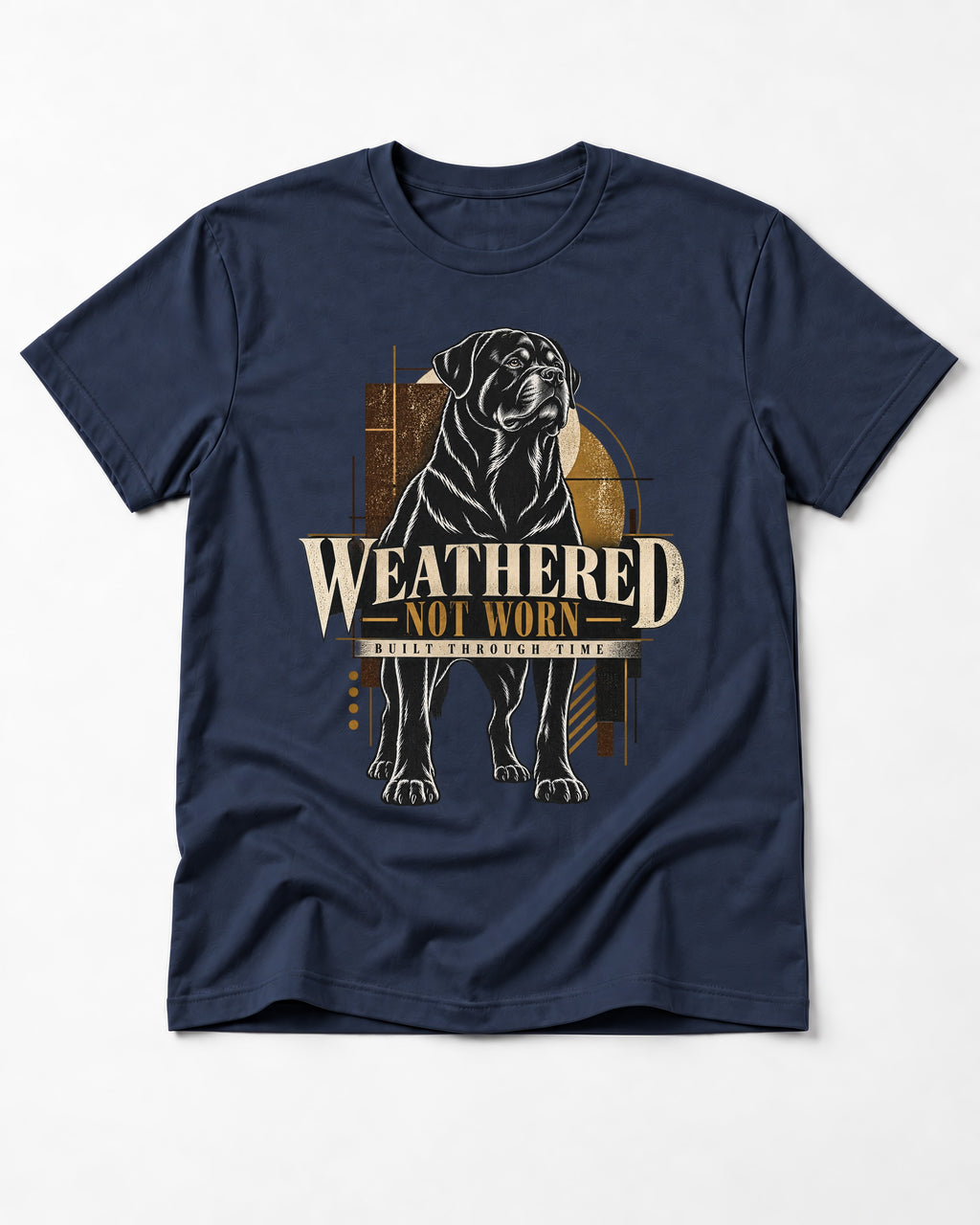 Rottweiler Weathered Not Worn Geometric Graphic T-Shirt in Navy, flat lay product photo