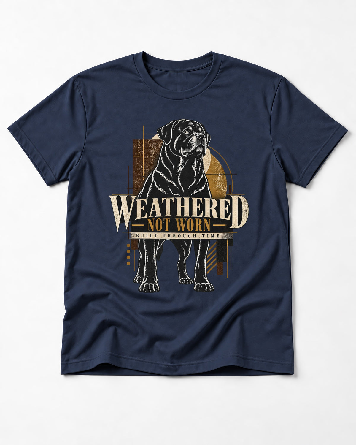 Rottweiler Weathered Not Worn Geometric Graphic T-Shirt in Navy, flat lay product photo