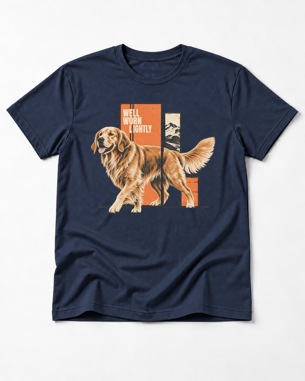 Golden Retriever Well Worn Lightly Mountain Graphic T-Shirt in Navy, flat lay product photo