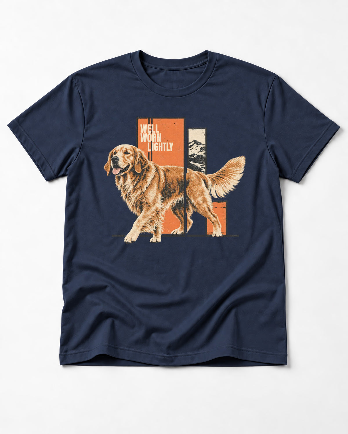 Golden Retriever Well Worn Lightly Mountain Graphic T-Shirt in Navy, flat lay product photo