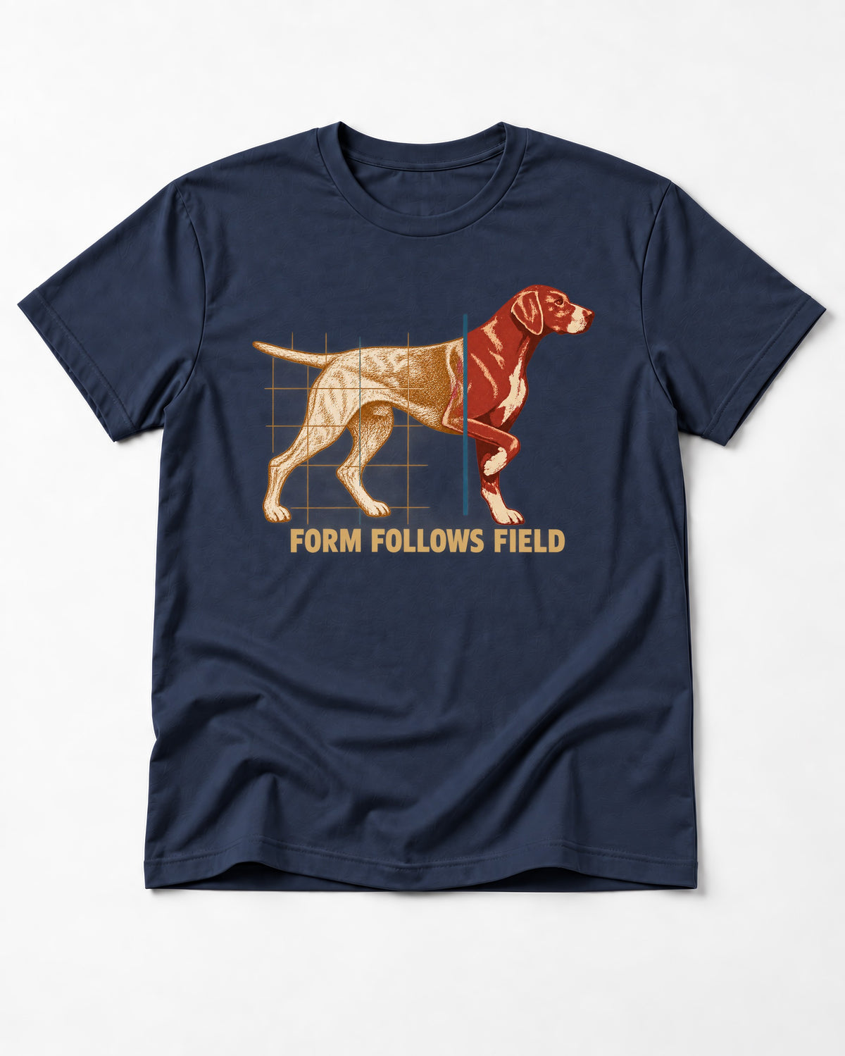 German Shorthaired Pointer Form Follows Field Grid Graphic T-Shirt in Navy, flat lay product photo
