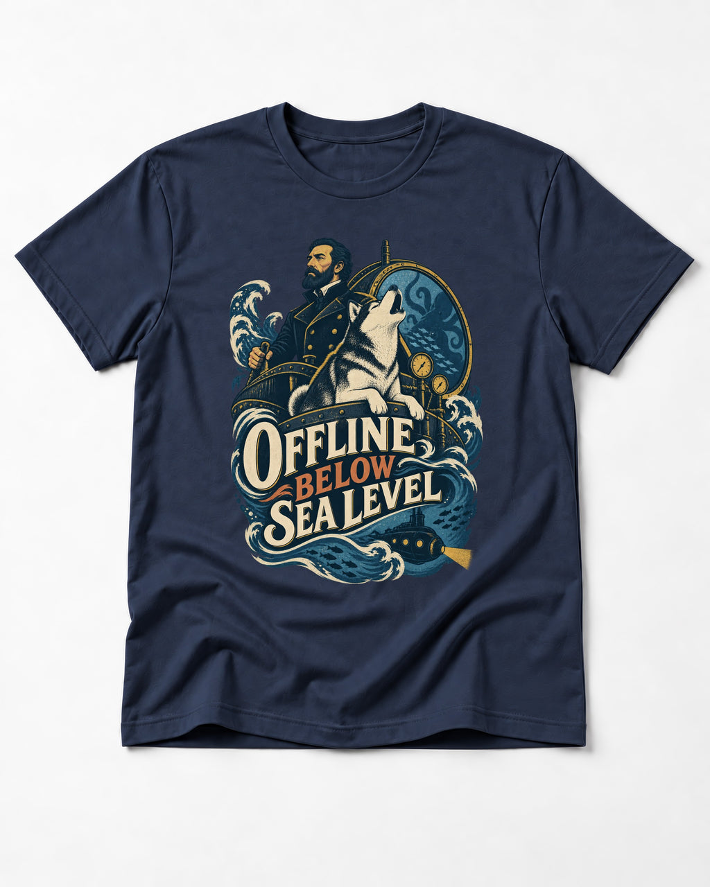 Husky Offline Below Sea Level Nautical Submarine Graphic T-Shirt in Navy, flat lay product photo
