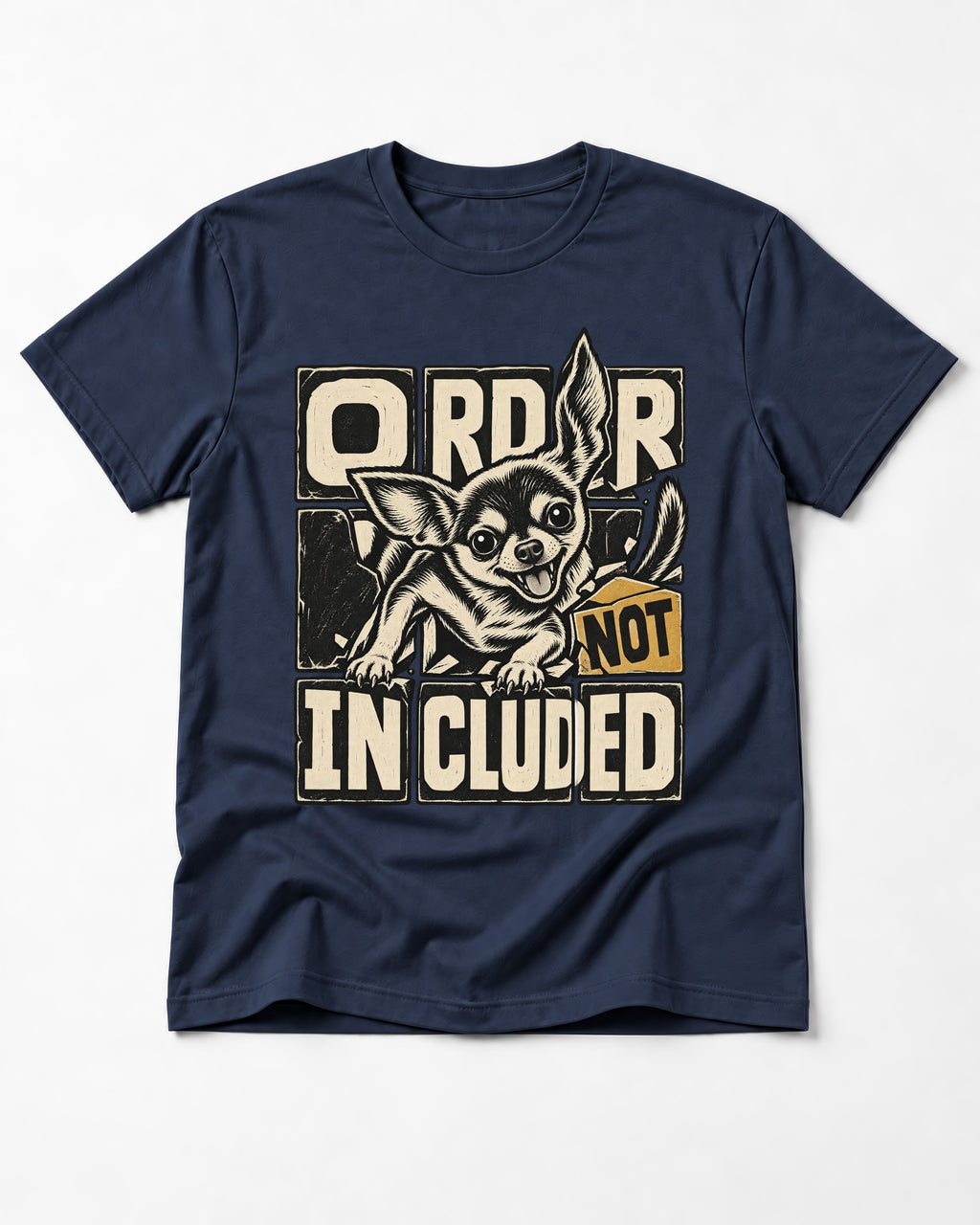 Chihuahua Order Not Included Broken Grid Graphic T-Shirt in Navy, flat lay product photo