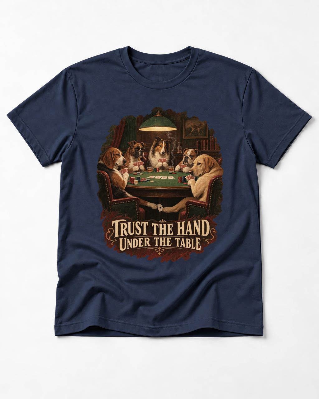 Labrador Retriever Trust the Hand Under the Table Poker Dogs Graphic T-Shirt in Navy, flat lay product photo