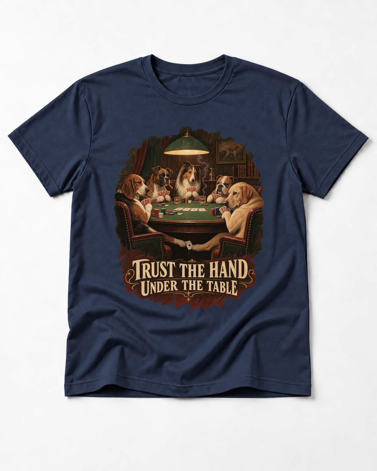 Labrador Retriever Trust the Hand Under the Table Poker Dogs Graphic T-Shirt in Navy, flat lay product photo