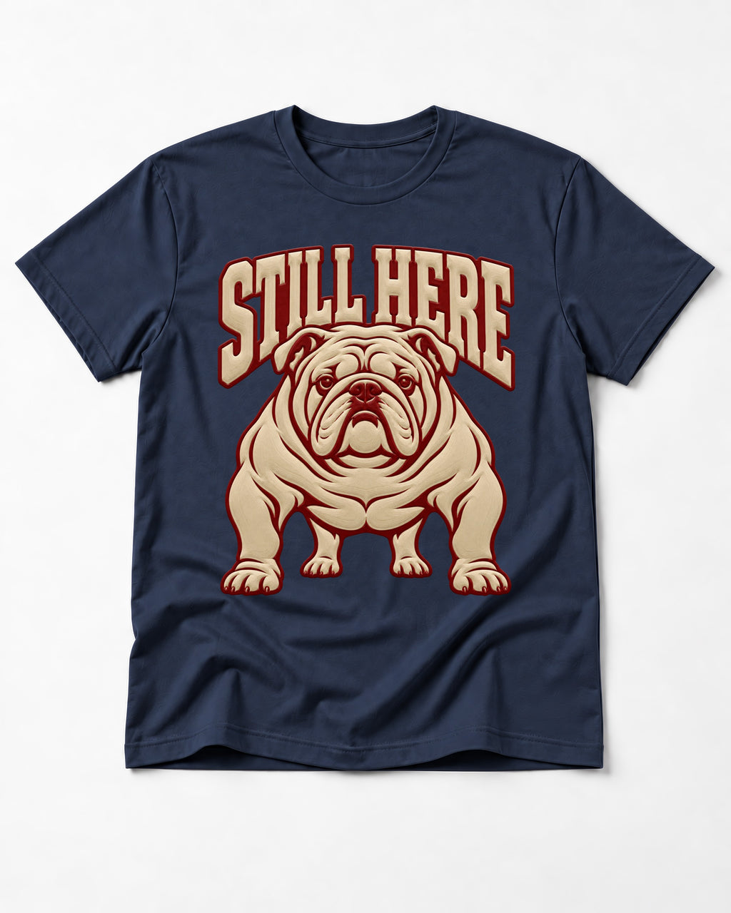 English Bulldog Still Here Collegiate Graphic T-Shirt in Navy, flat lay product photo