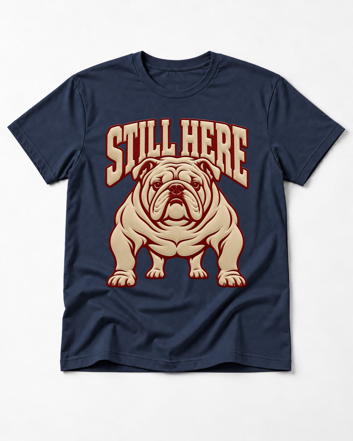 English Bulldog Still Here Collegiate Graphic T-Shirt in Navy, flat lay product photo