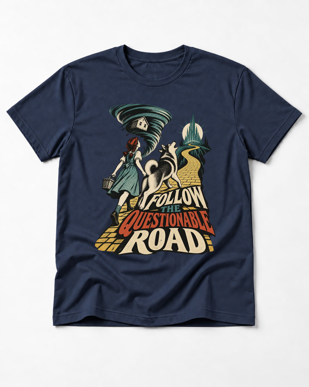 Husky Follow the Questionable Road Tornado Graphic T-Shirt in Navy, flat lay product photo