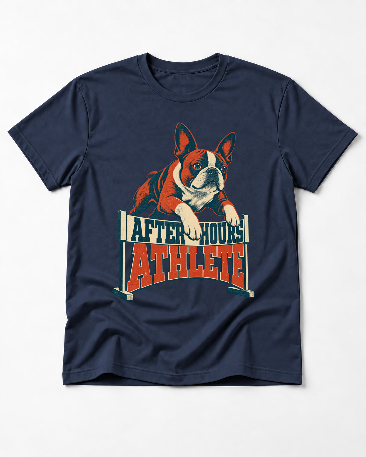 After Hours Athlete Boston Terrier T-Shirt in Navy, flat lay product photo