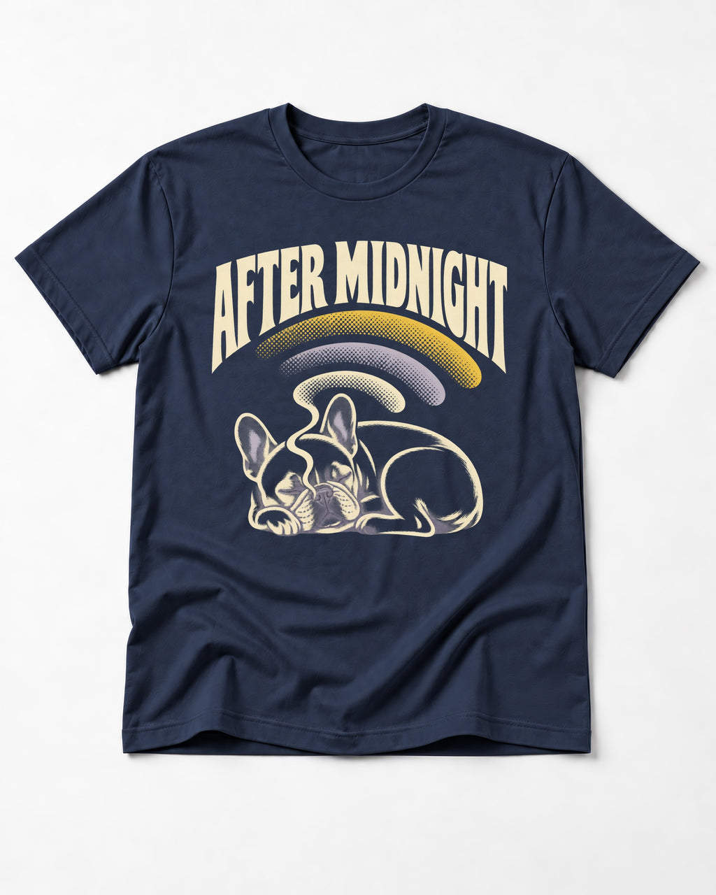 Frenchie After Midnight Sleeping Graphic T-Shirt in Navy, flat lay product photo