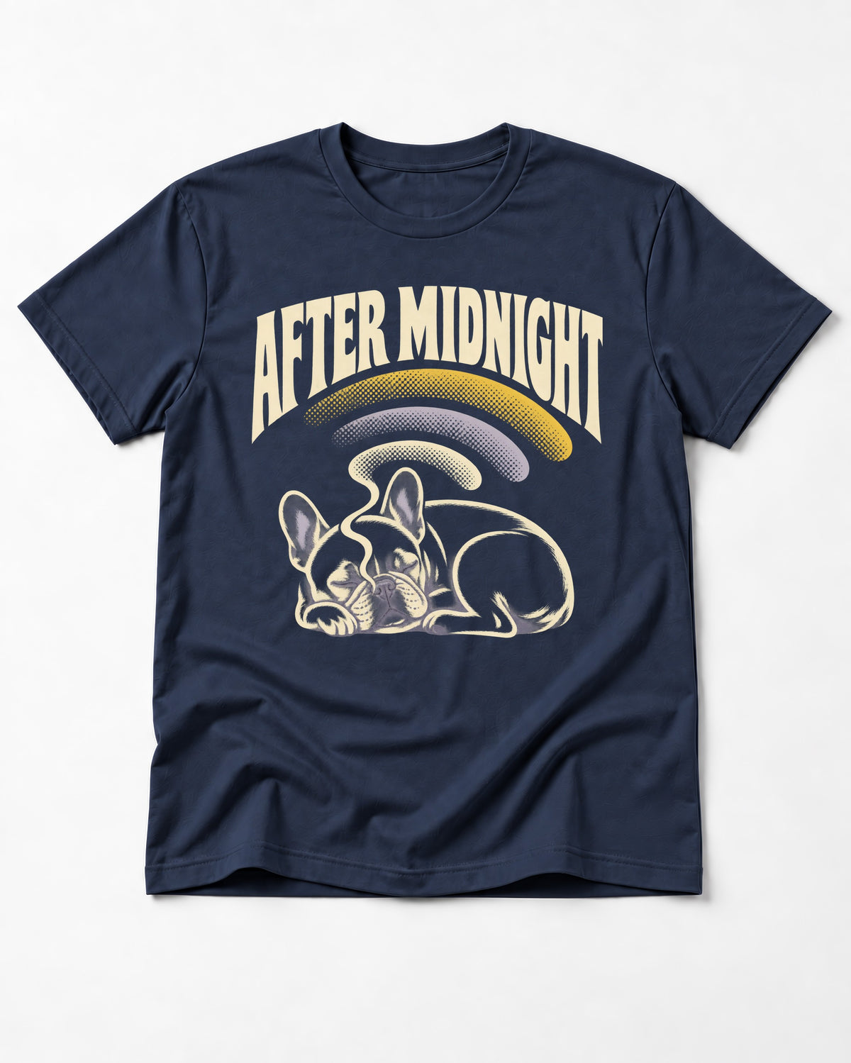 Frenchie After Midnight Sleeping Graphic T-Shirt in Navy, flat lay product photo