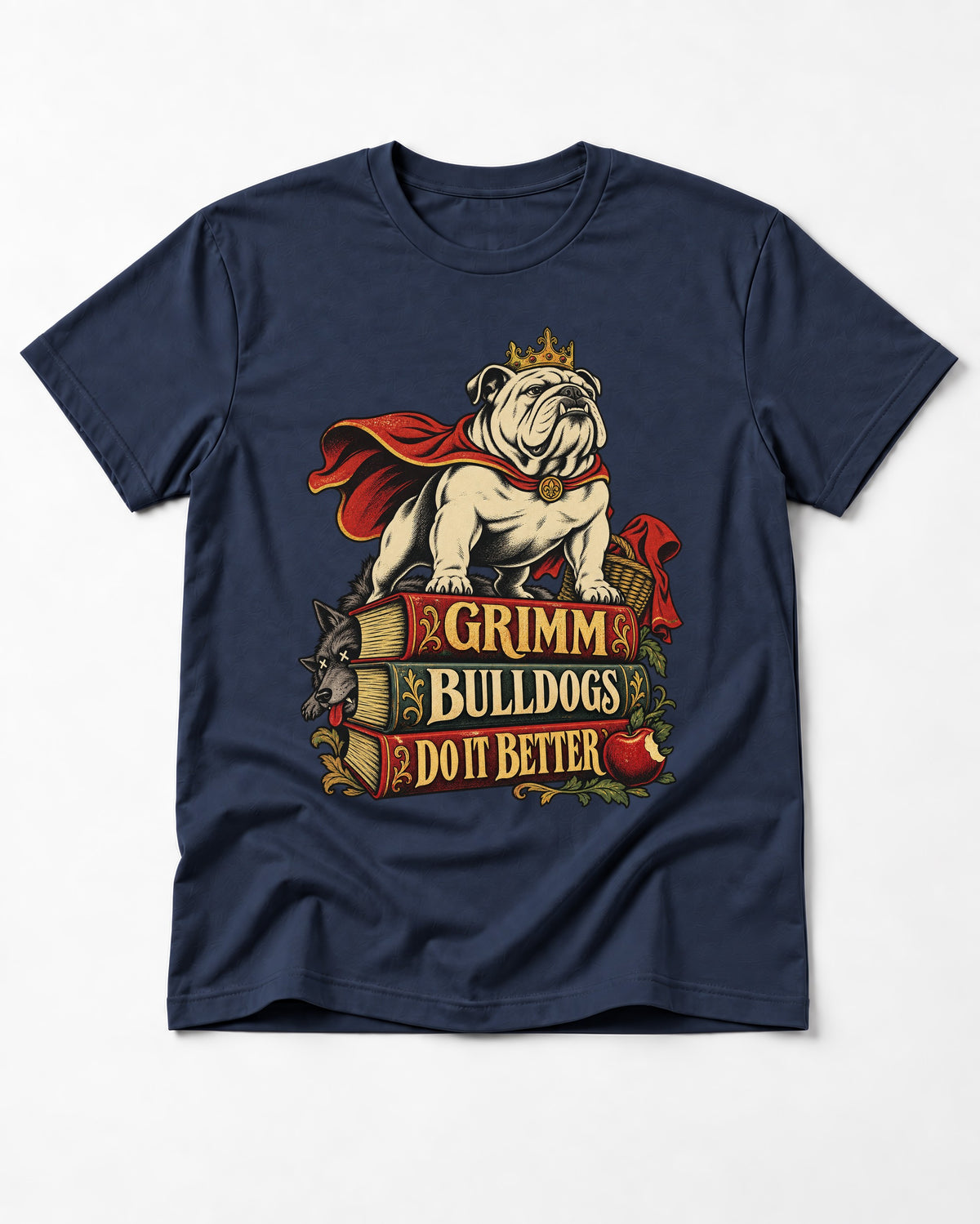 English Bulldog Grimm Bulldogs Do It Better Storybook Graphic T-Shirt in Navy, flat lay product photo