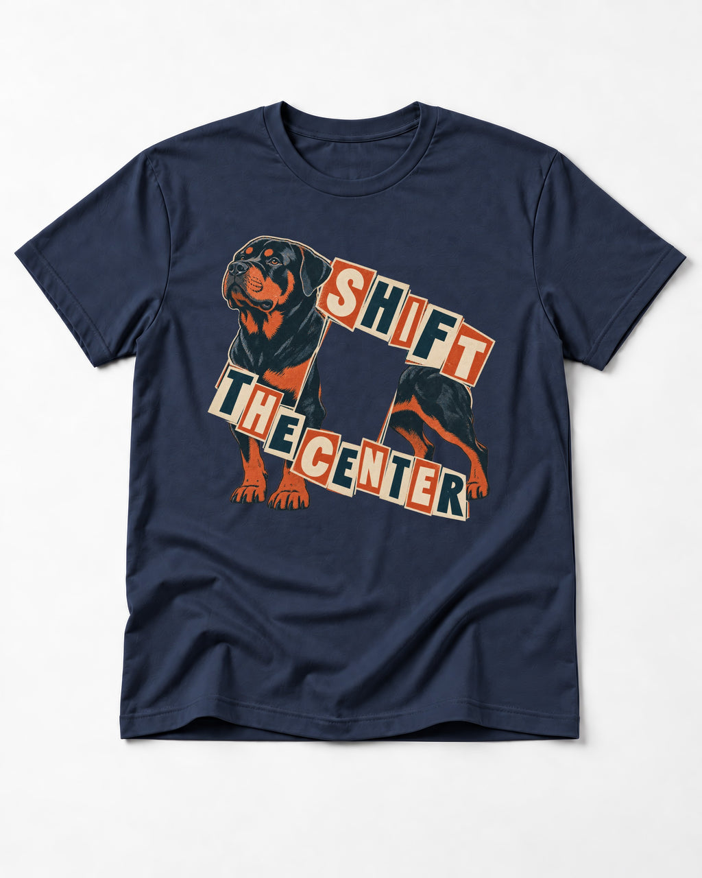Rottweiler Shift the Center Cutout Letter Graphic T-Shirt in Navy, flat lay product photo