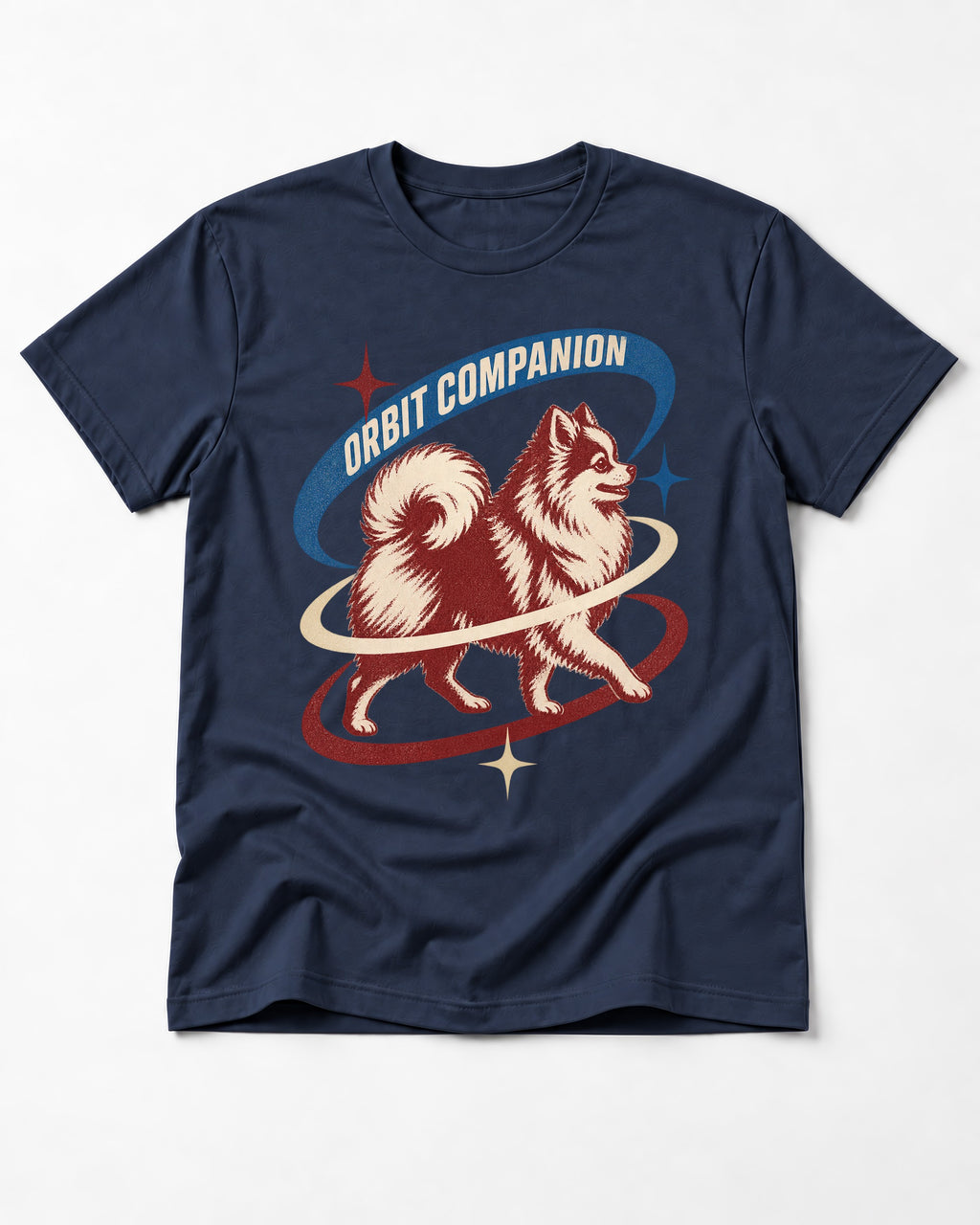 Pomeranian Orbit Companion Retro Space Graphic T-Shirt in Navy, flat lay product photo