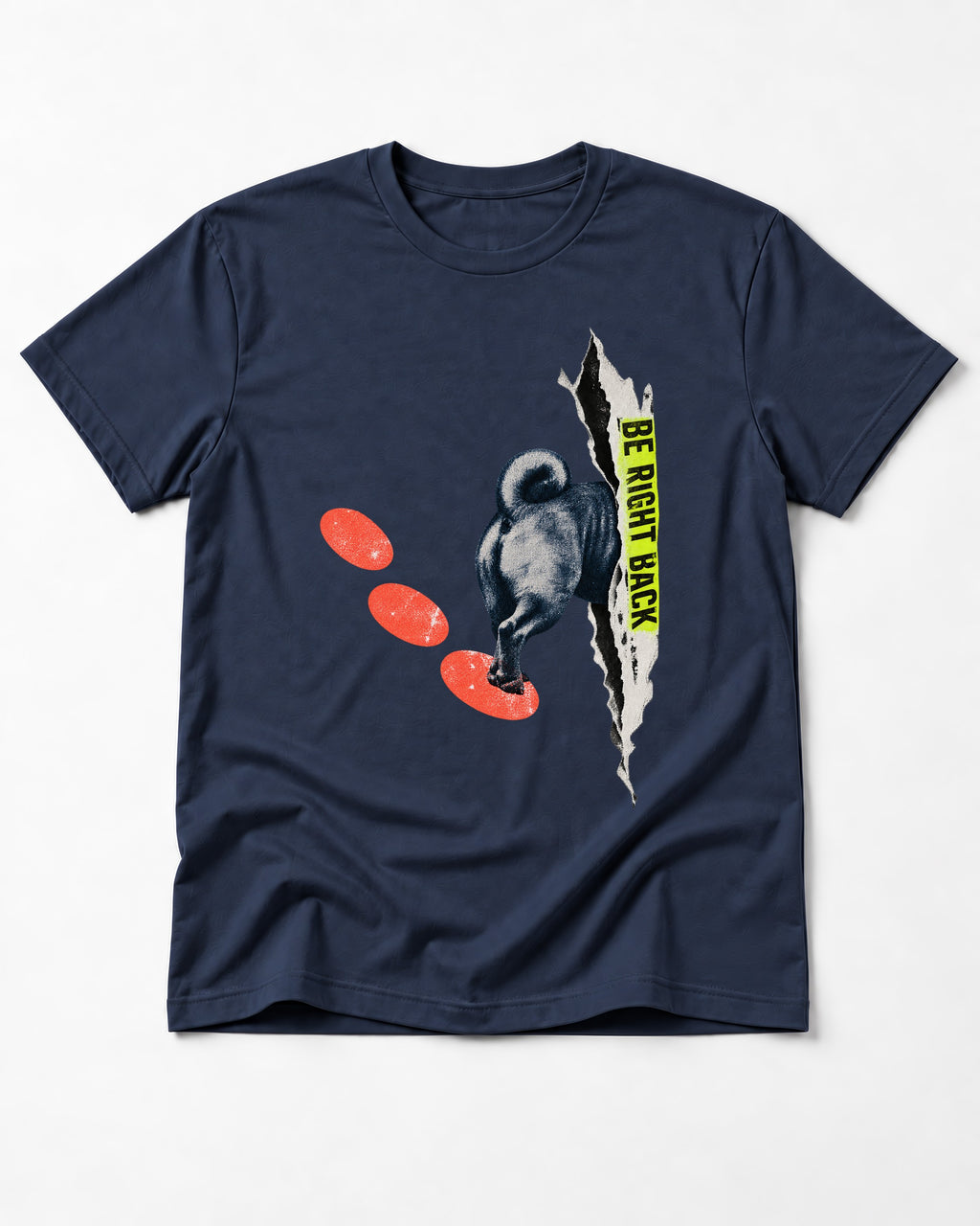 Pug Be Right Back Torn Portal Graphic T-Shirt in Navy, flat lay product photo
