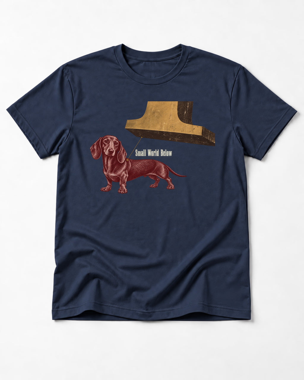Dachshund Small World Below Giant Shoe Graphic T-Shirt in Navy, flat lay product photo