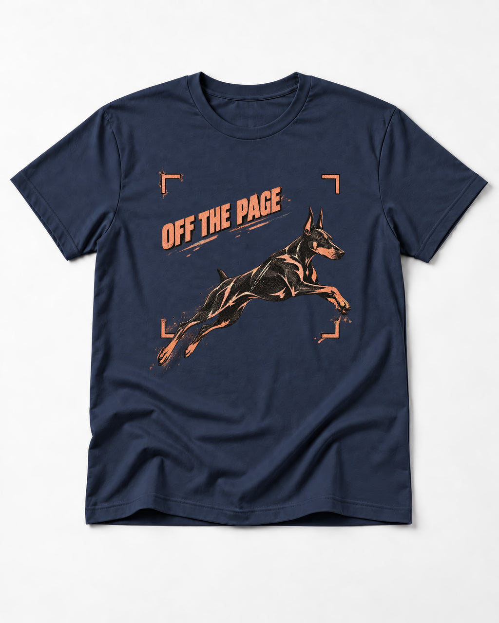 Doberman Off the Page Focus Frame Graphic T-Shirt in Navy, flat lay product photo