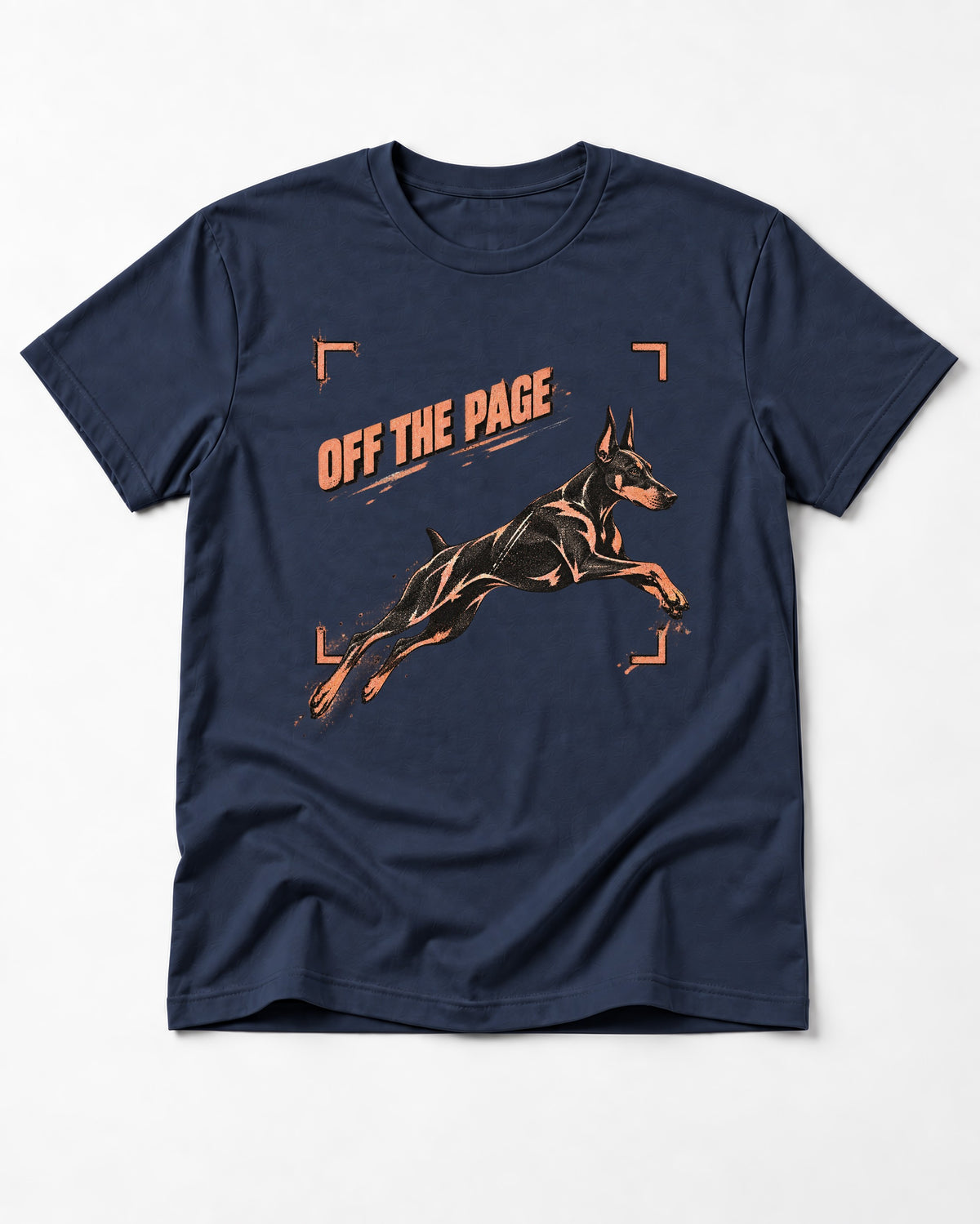 Doberman Off the Page Focus Frame Graphic T-Shirt in Navy, flat lay product photo