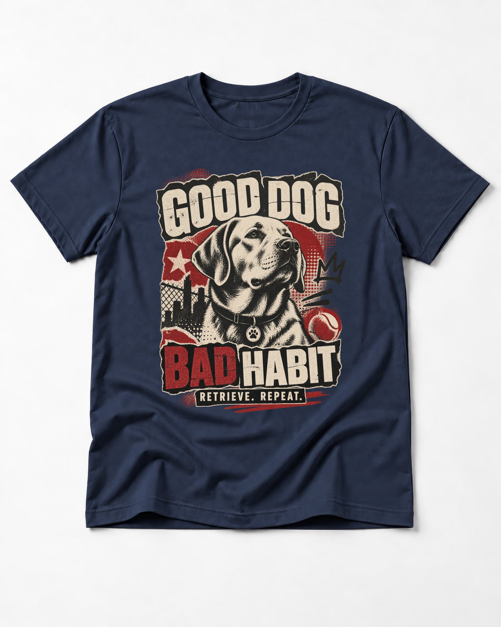 Labrador Retriever Good Dog Bad Habit Poster Graphic T-Shirt in Navy, flat lay product photo