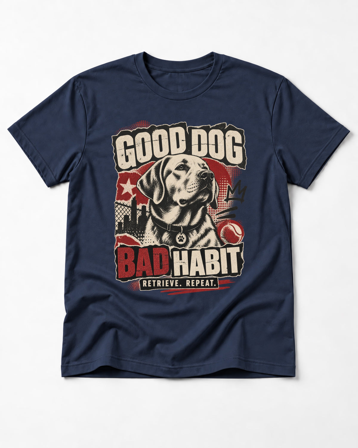 Labrador Retriever Good Dog Bad Habit Poster Graphic T-Shirt in Navy, flat lay product photo