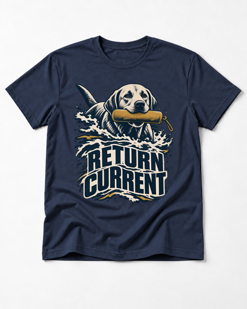 Return Current Water Retrieve Labrador Retriever Graphic T-Shirt in Navy, flat lay product photo