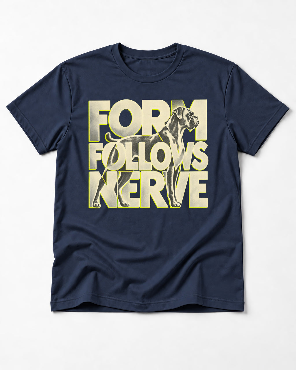 Form Follows Nerve Boxer Typography T-Shirt in Navy, flat lay product photo