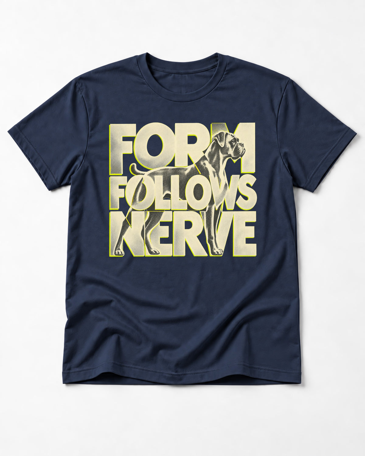 Form Follows Nerve Boxer Typography T-Shirt in Navy, flat lay product photo
