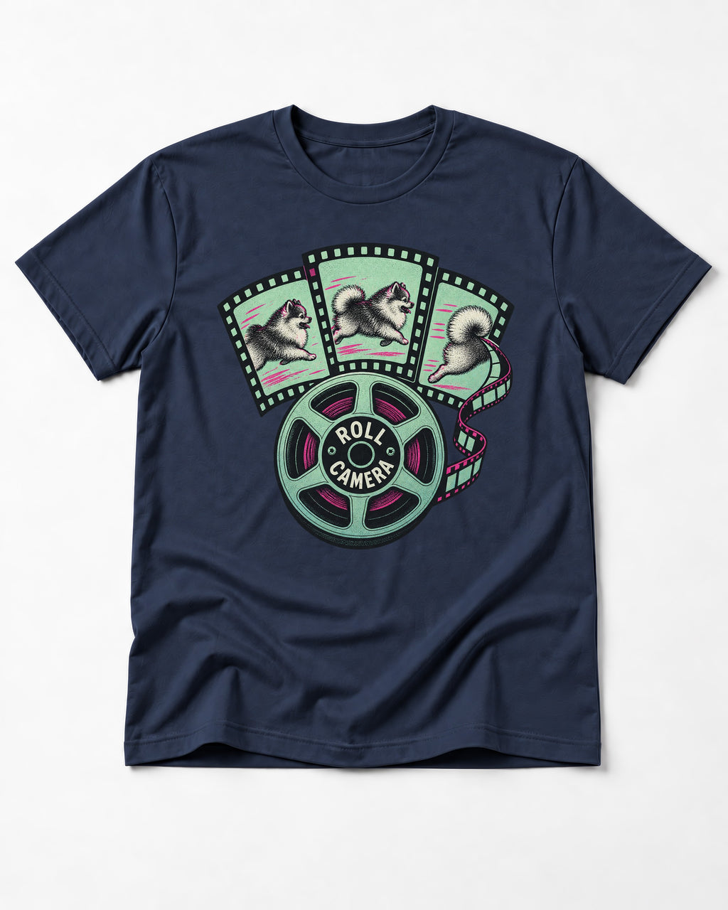 Pomeranian Roll Camera Film Reel Graphic T-Shirt in Navy, flat lay product photo