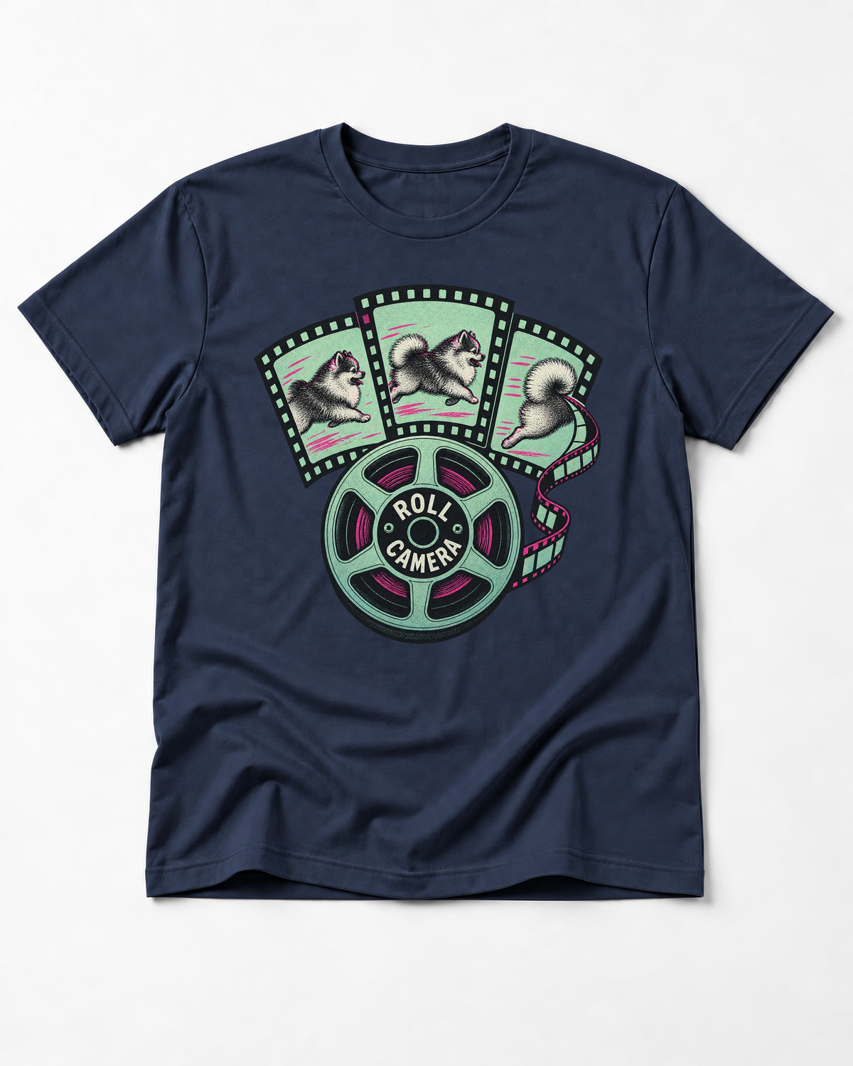 Pomeranian Roll Camera Film Reel Graphic T-Shirt in Navy, flat lay product photo