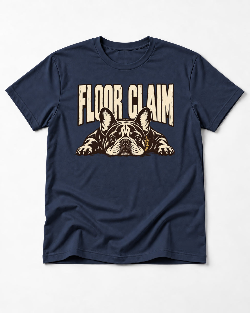 Frenchie Floor Claim Resting Graphic T-Shirt in Navy, flat lay product photo