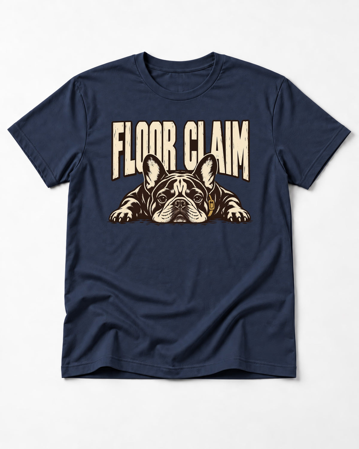 Frenchie Floor Claim Resting Graphic T-Shirt in Navy, flat lay product photo