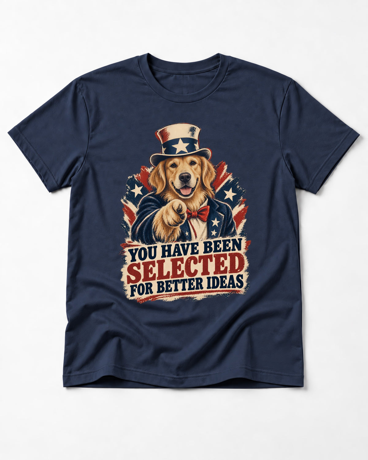 You Have Been Selected for Better Ideas Uncle Sam Golden Retriever Graphic T-Shirt in Navy, flat lay product photo