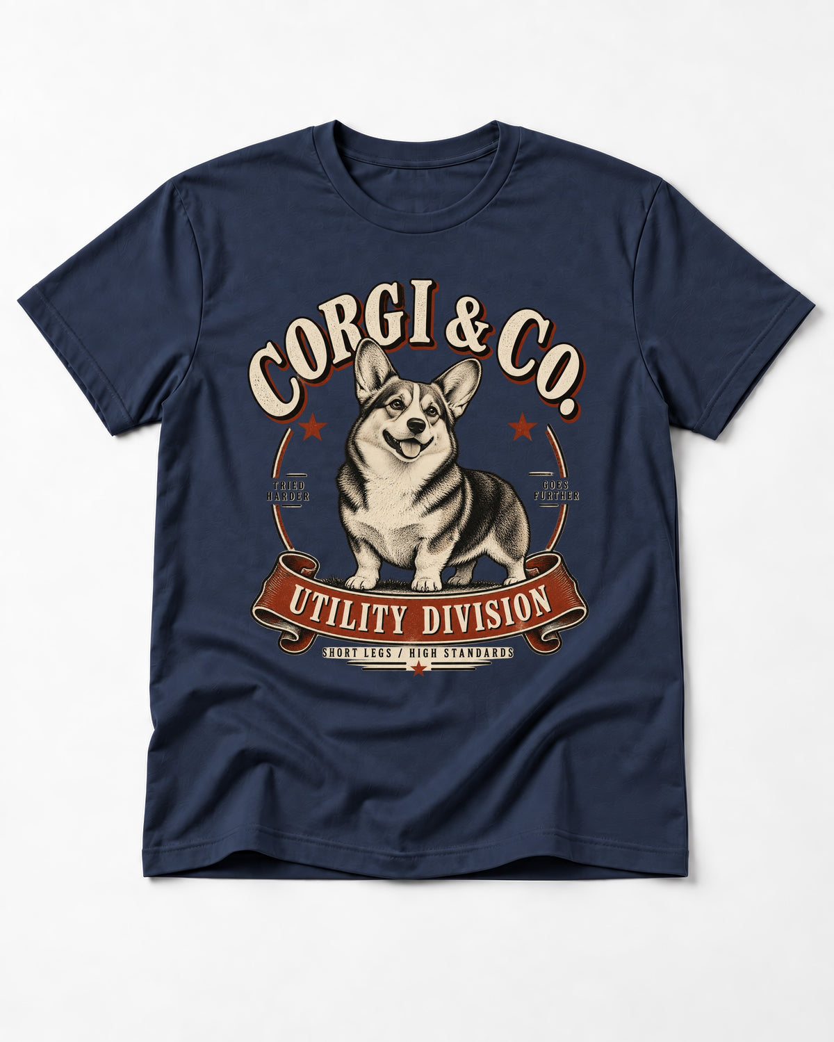 Corgi's High Standards T-Shirt in Navy, flat lay product photo