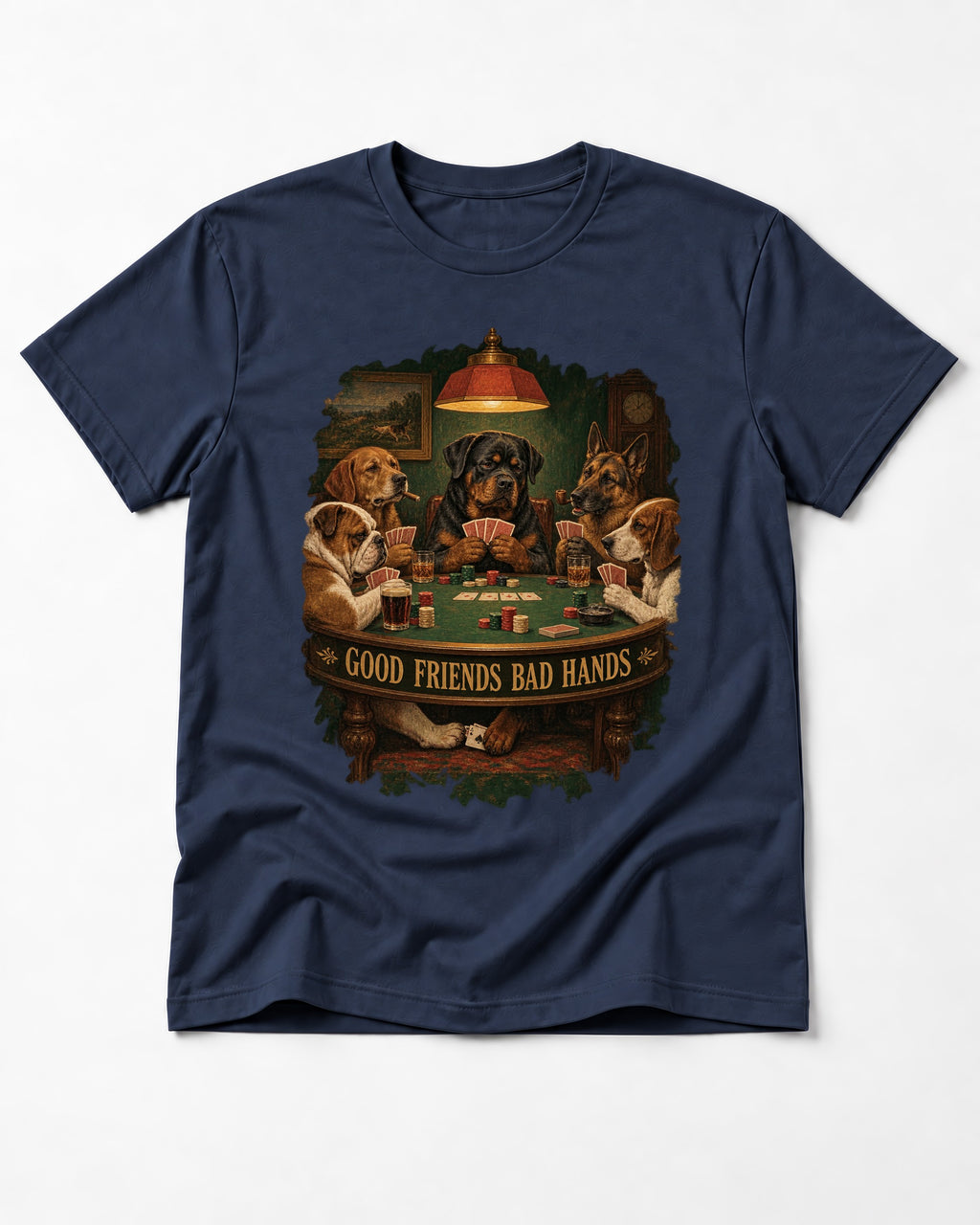 Rottweiler Good Friends Bad Hands Poker Night Graphic T-Shirt in Navy, flat lay product photo