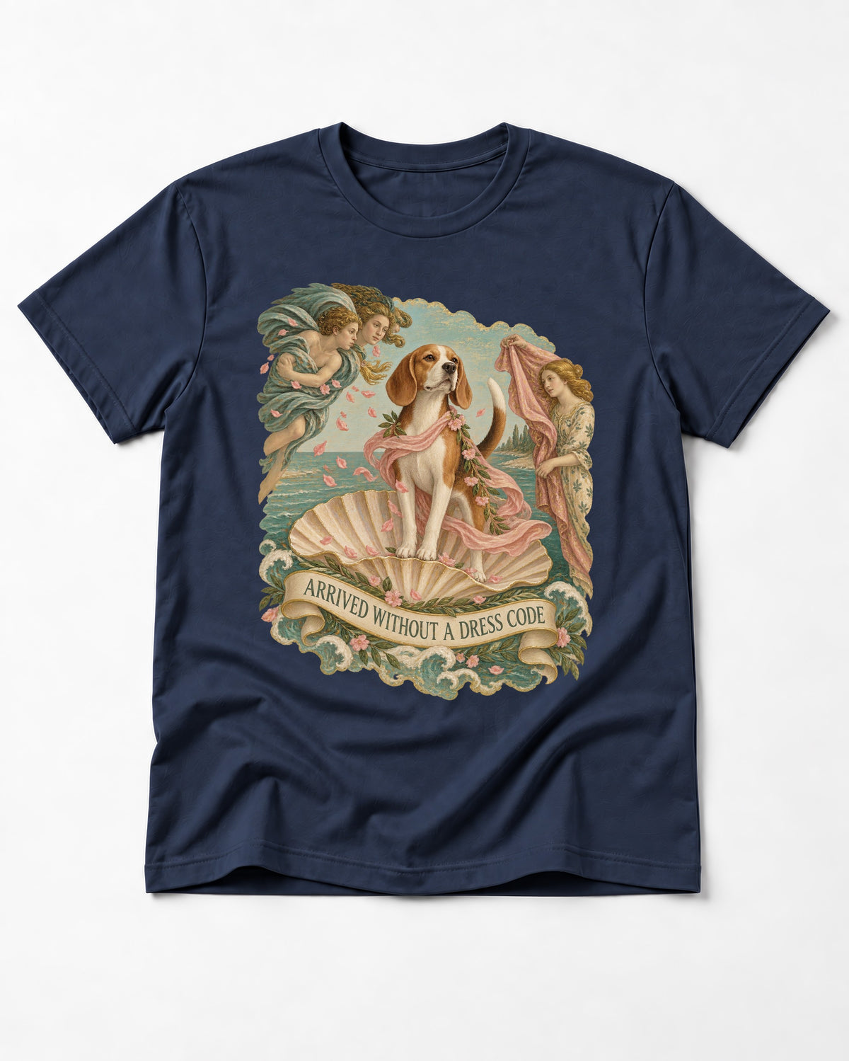 Beagle Arrived Without A Dress Code T-Shirt in Navy, flat lay product photo