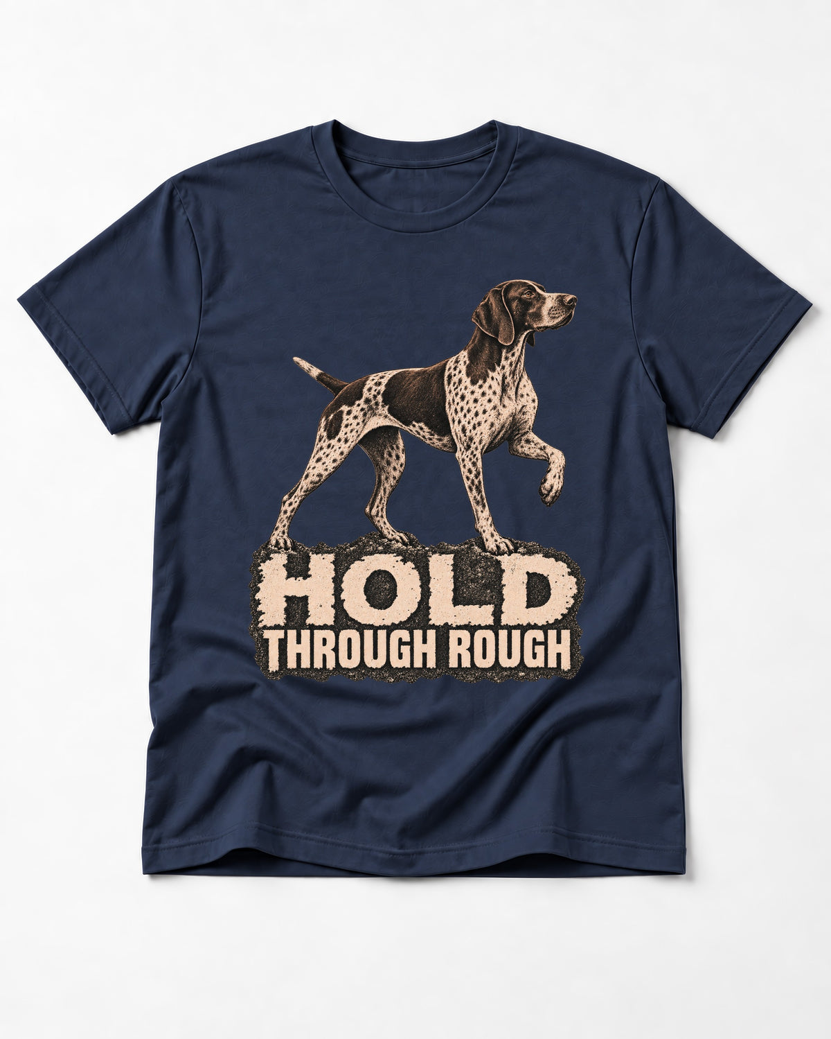 German Shorthaired Pointer Hold Through Rough Vintage Graphic T-Shirt in Navy, flat lay product photo
