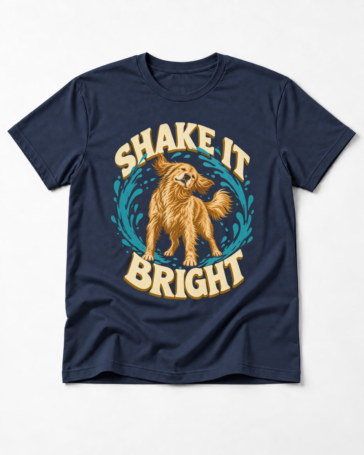Golden Retriever Shake It Bright Water Ring Graphic T-Shirt in Navy, flat lay product photo