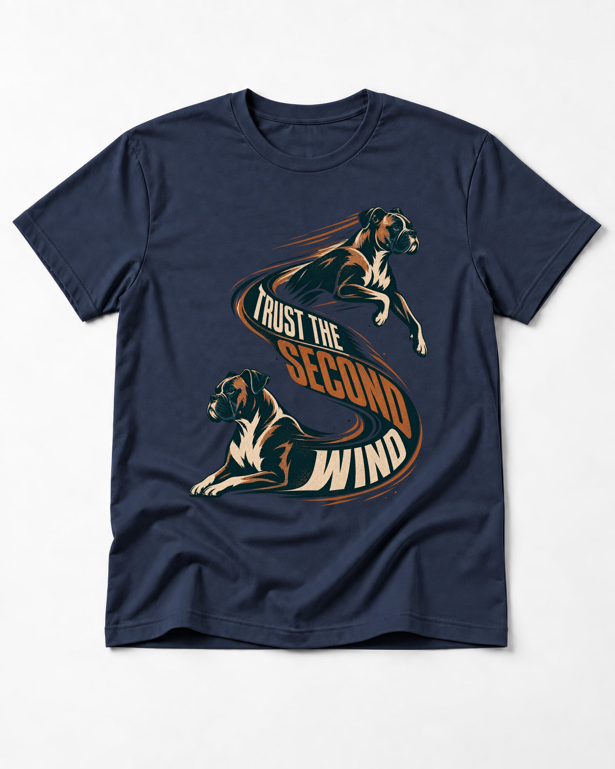 Trust the Second Wind Boxer Motion Graphic T-Shirt in Navy, flat lay product photo