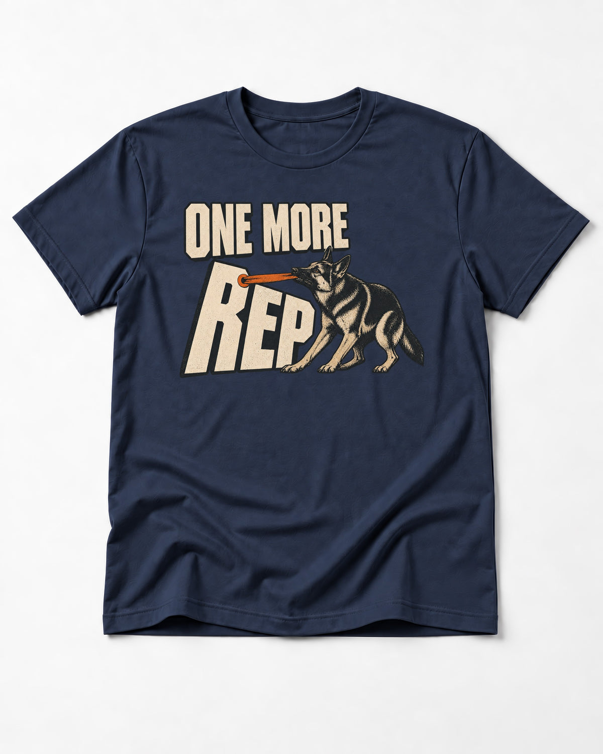One More Rep Tug German Shepherd Dog Graphic T-Shirt in Navy, flat lay product photo