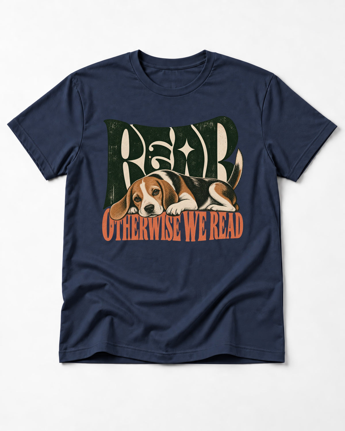 Beagle Read Otherwise We Read Retro Graphic T-Shirt in Navy, flat lay product photo