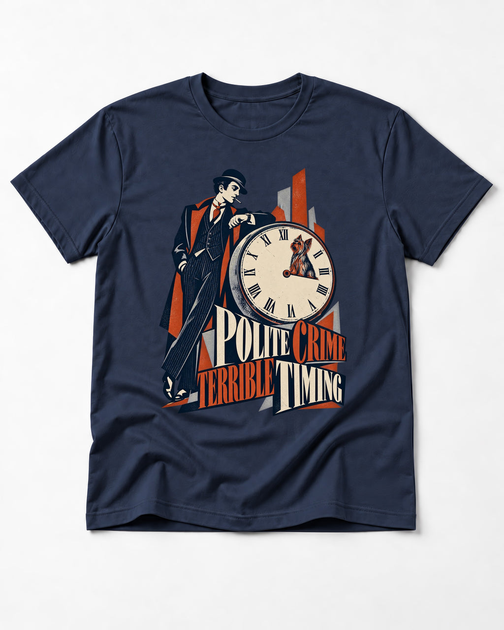 Yorkshire Terrier Polite Crime Terrible Timing Art Deco Clock Graphic T-Shirt in Navy, flat lay product photo