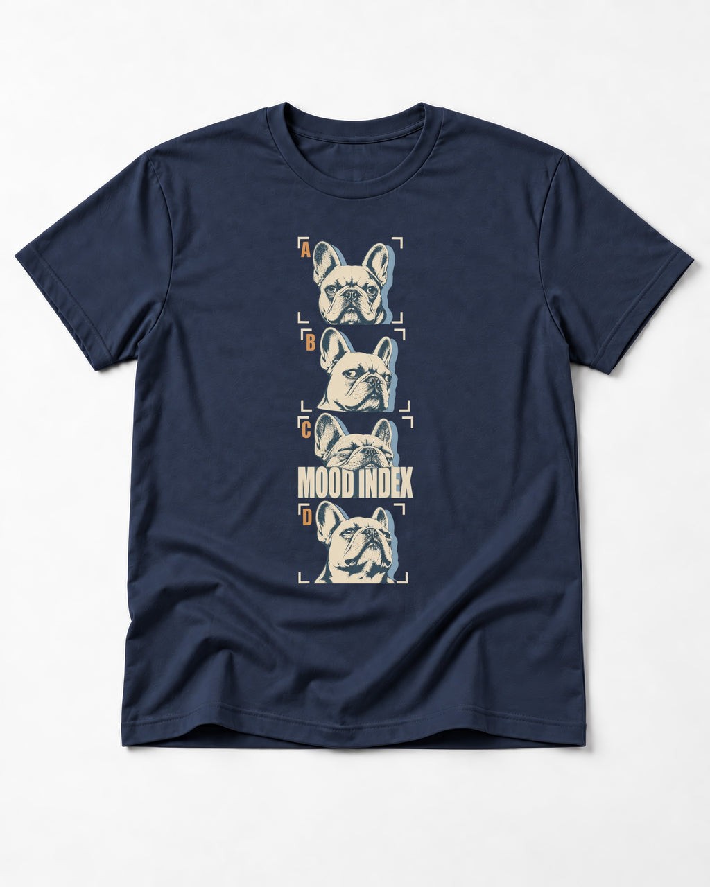 Frenchie Mood Index Four-Panel Strip Graphic T-Shirt in Navy, flat lay product photo