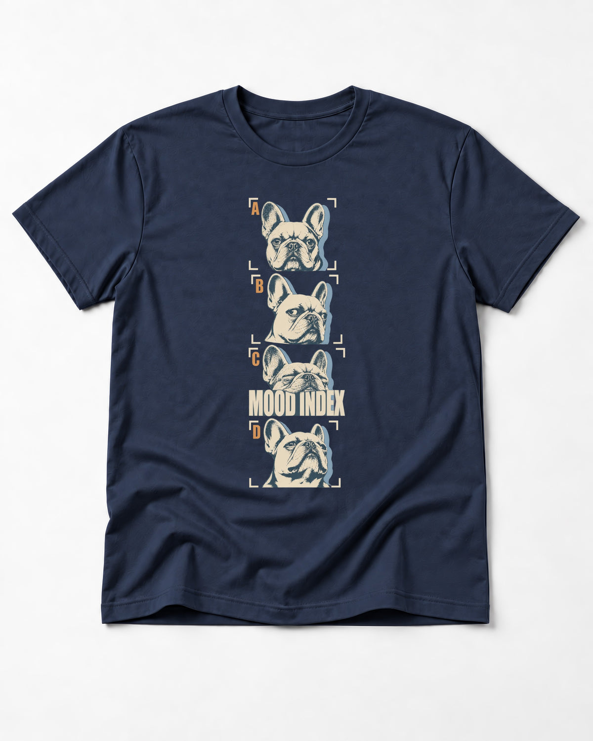 Frenchie Mood Index Four-Panel Strip Graphic T-Shirt in Navy, flat lay product photo