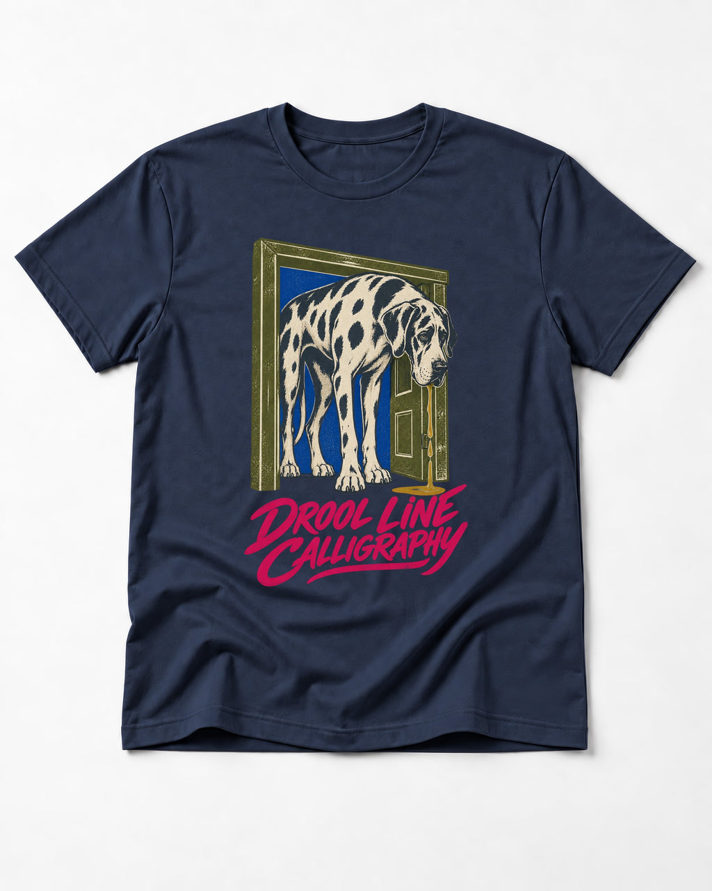 Great Dane Drool Line Calligraphy Doorway Graphic T-Shirt in Navy, flat lay product photo