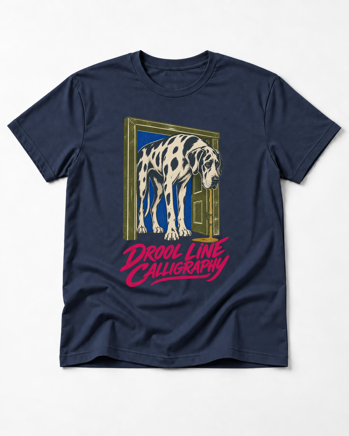 Great Dane Drool Line Calligraphy Doorway Graphic T-Shirt in Navy, flat lay product photo