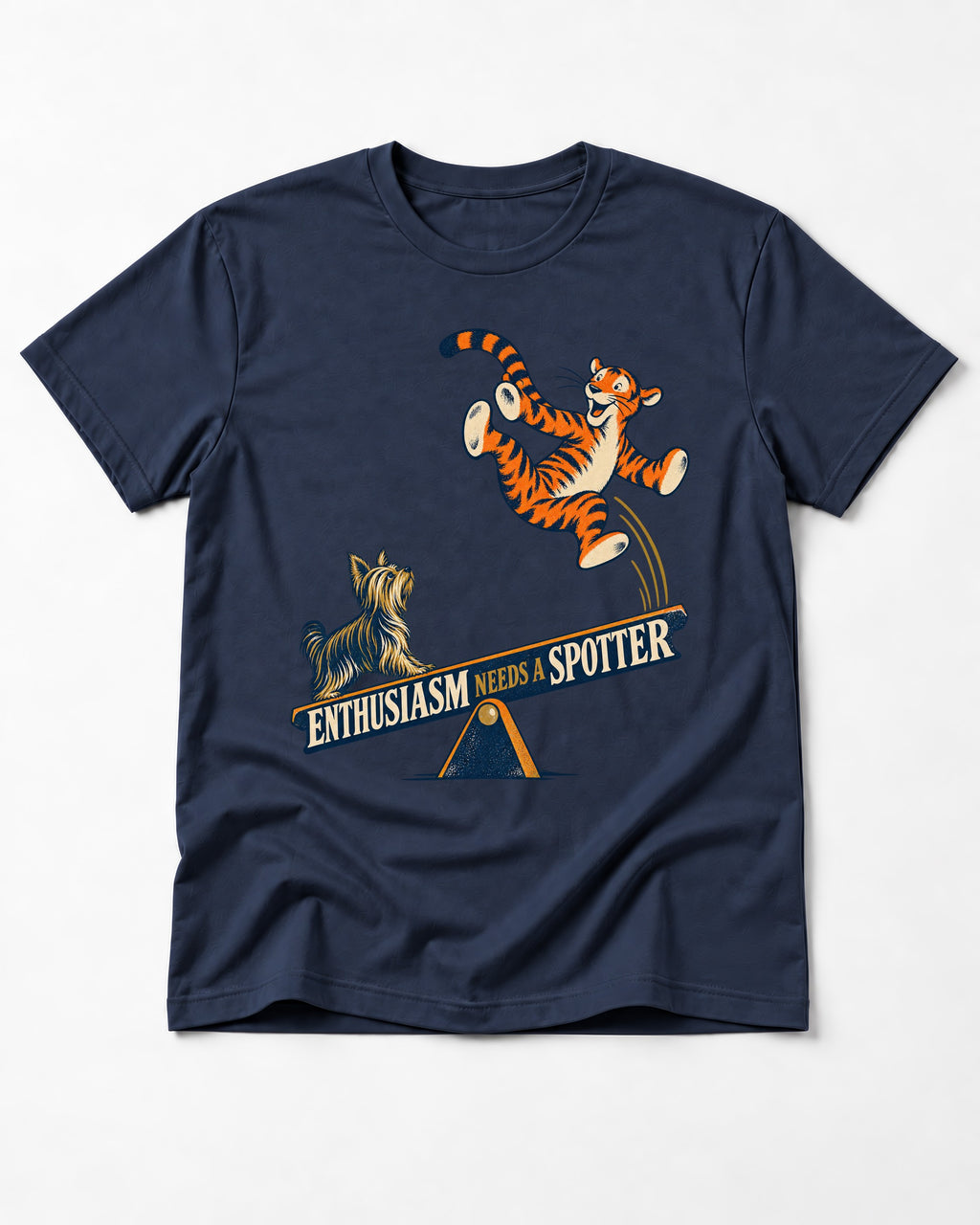 Yorkshire Terrier Enthusiasm Needs a Spotter Seesaw Graphic T-Shirt in Navy, flat lay product photo