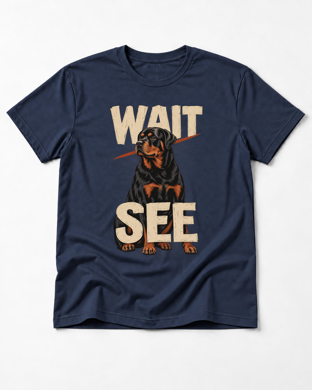 Wait See Rottweiler Seated Slash Graphic T-Shirt in Navy, flat lay product photo