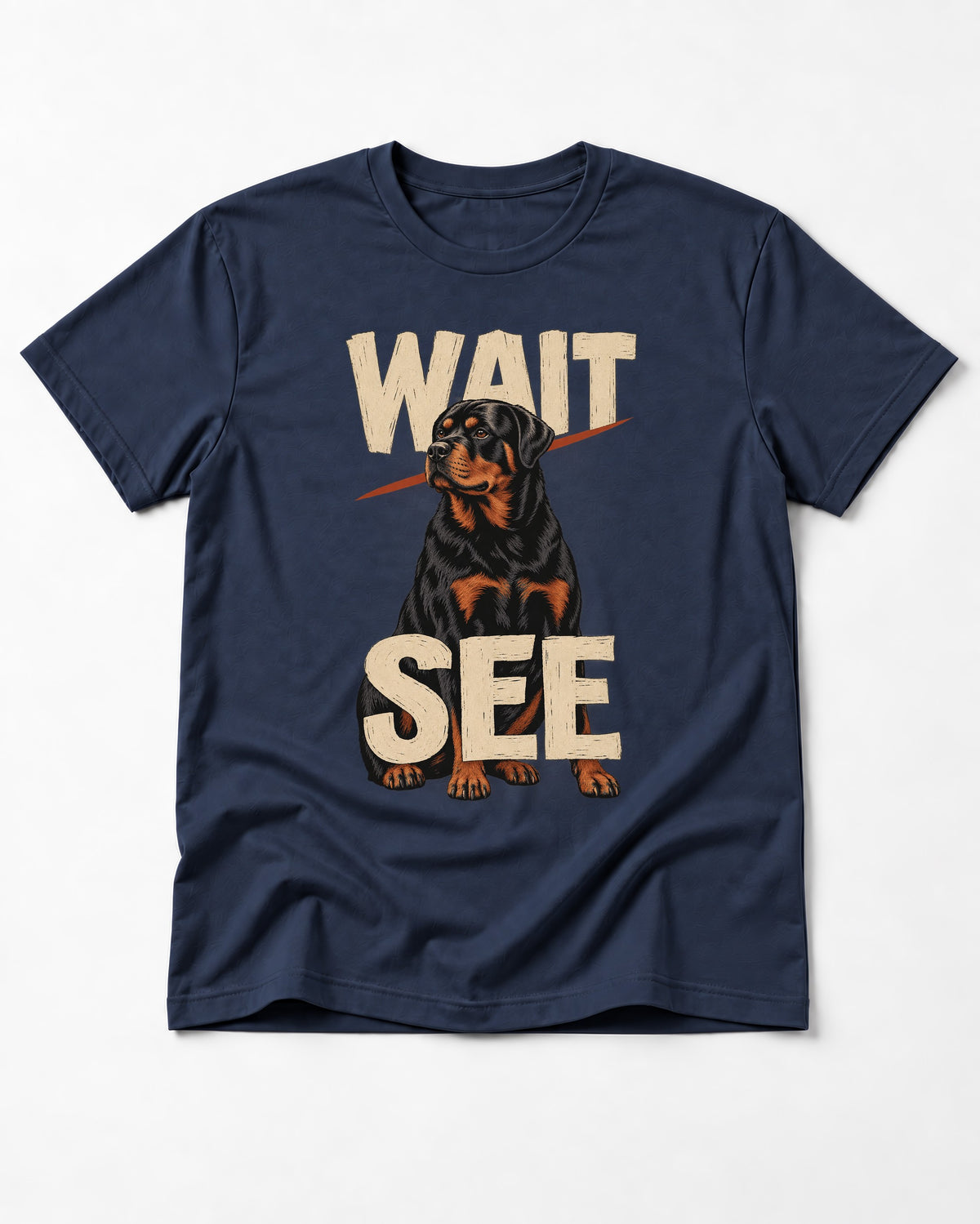 Wait See Rottweiler Seated Slash Graphic T-Shirt in Navy, flat lay product photo