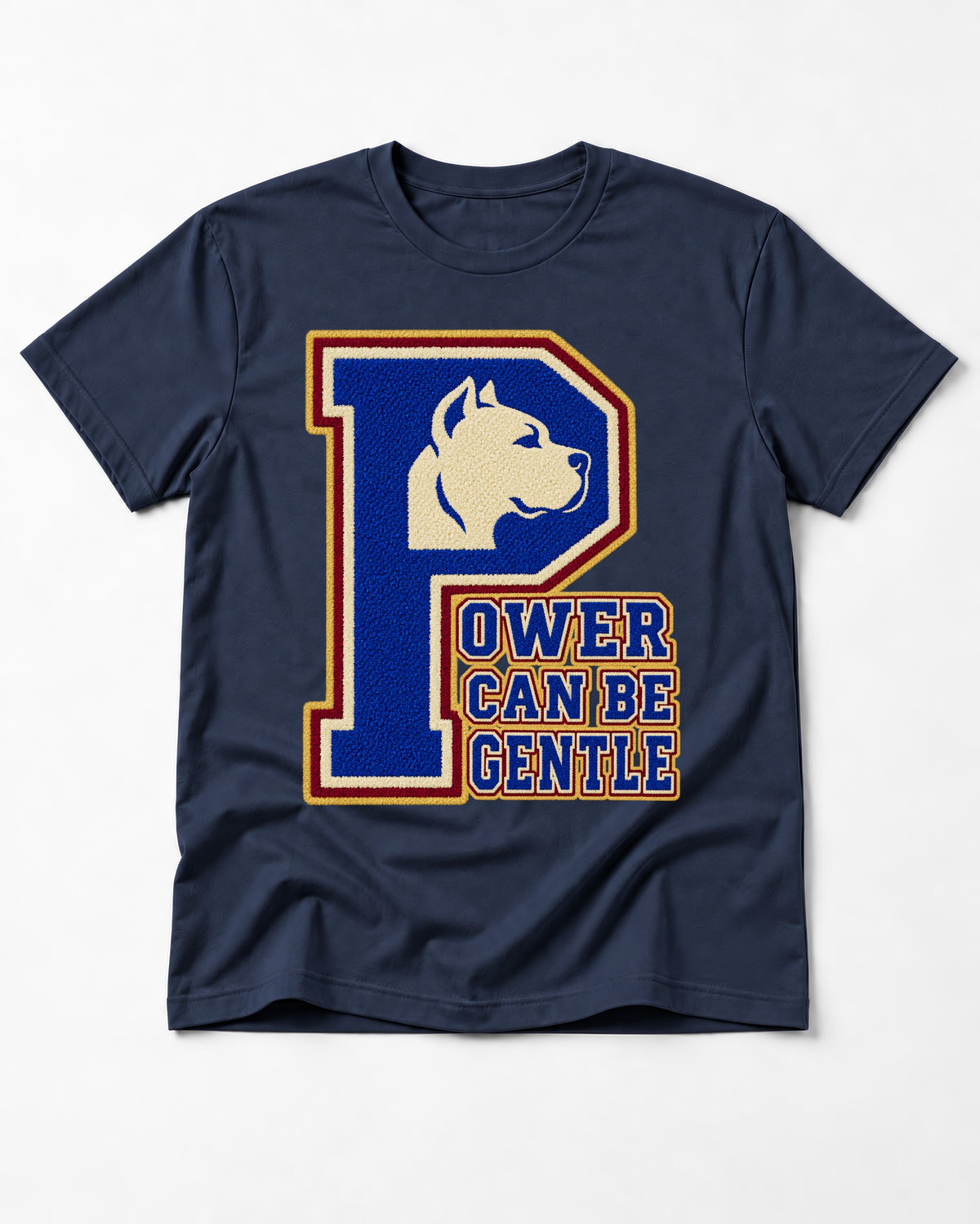 Pitbull Power Can Be Gentle Varsity Graphic T-Shirt in Navy, flat lay product photo